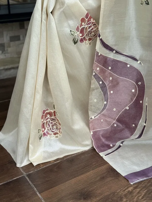 White_Pink_pure_Tusser_linen_katha_work_Saree_With_Unstitched_Blouse_For_Women