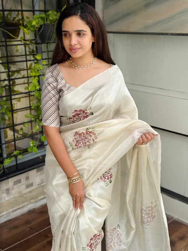 White_Pink_pure_Tusser_linen_katha_work_Saree_With_Unstitched_Blouse_For_Women