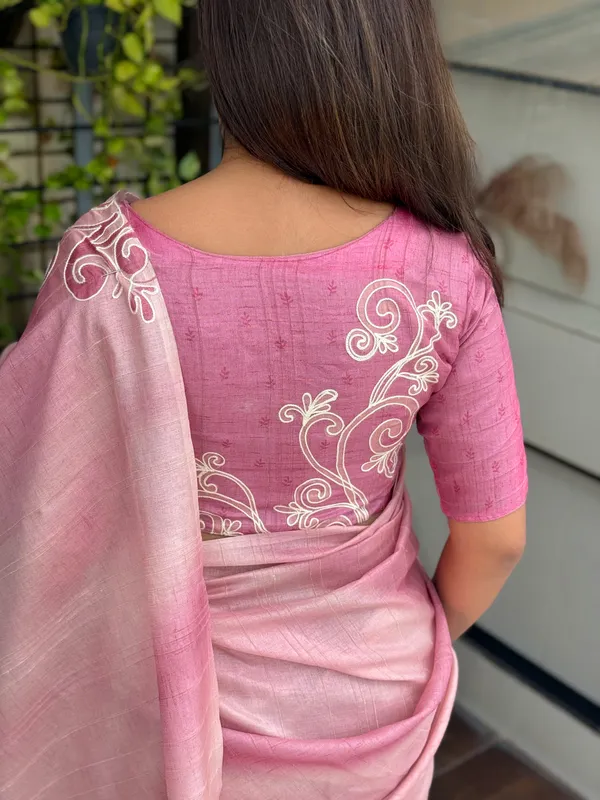 Pink_linen_cotton_katha_work_Saree_With_Unstitched_Blouse_For_Women