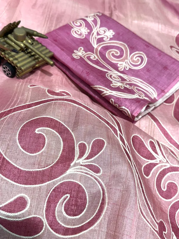 Pink_linen_cotton_katha_work_Saree_With_Unstitched_Blouse_For_Women