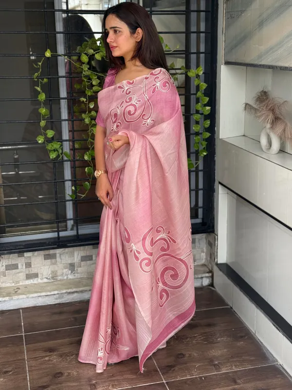Pink_linen_cotton_katha_work_Saree_With_Unstitched_Blouse_For_Women