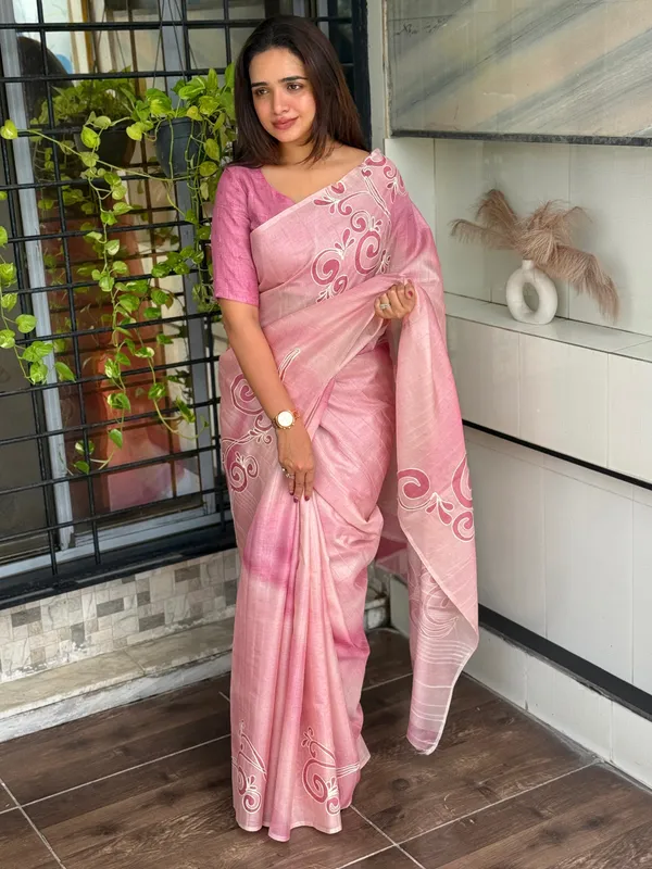 Pink_linen_cotton_katha_work_Saree_With_Unstitched_Blouse_For_Women