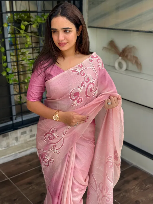 Pink_linen_cotton_katha_work_Saree_With_Unstitched_Blouse_For_Women