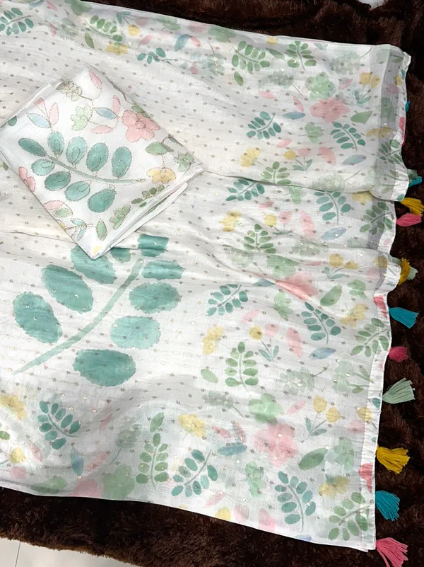 White_Green_Armani_cotton_Zari_jacquard_Saree_With_Unstitched_Blouse_For_Women