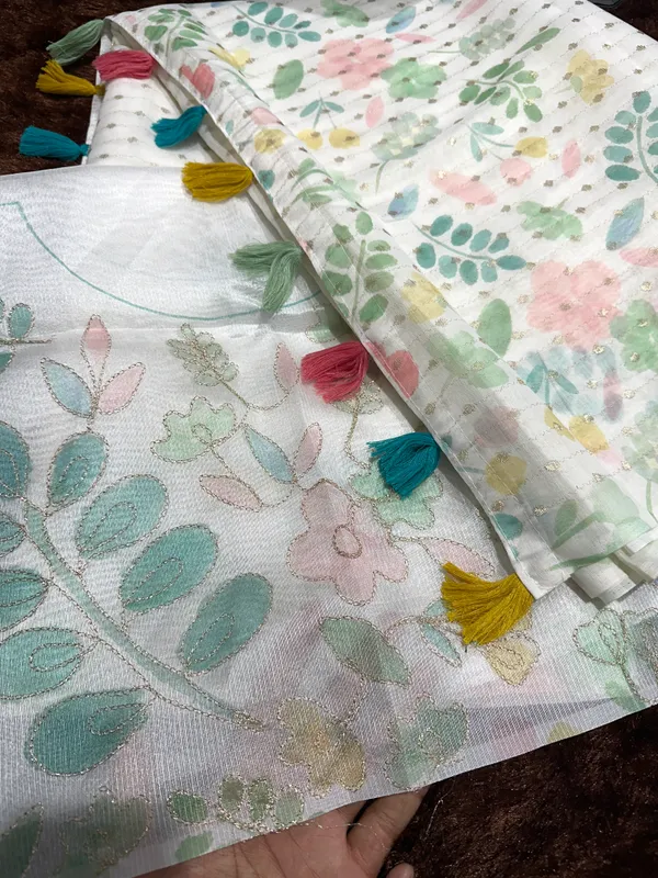 White_Green_Armani_cotton_Zari_jacquard_Saree_With_Unstitched_Blouse_For_Women