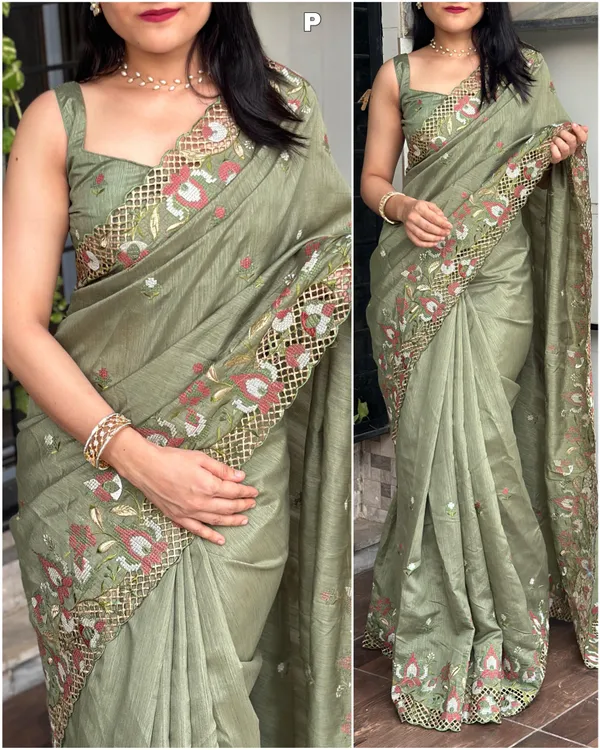 Green_Visca_Slub_Silk_Embroidered_Work_Saree_With_Unstitched_Blouse_For_Women