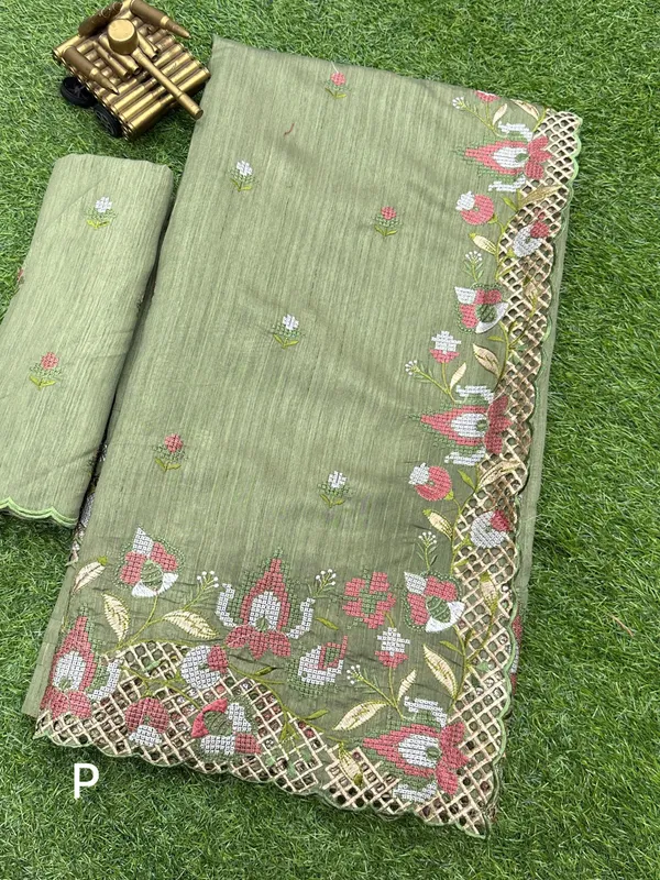 Green_Visca_Slub_Silk_Embroidered_Work_Saree_With_Unstitched_Blouse_For_Women