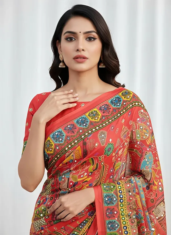 Red_masakali_georgette_saree_Premium_Digital_Print_&_Mirror_Work_For_Women