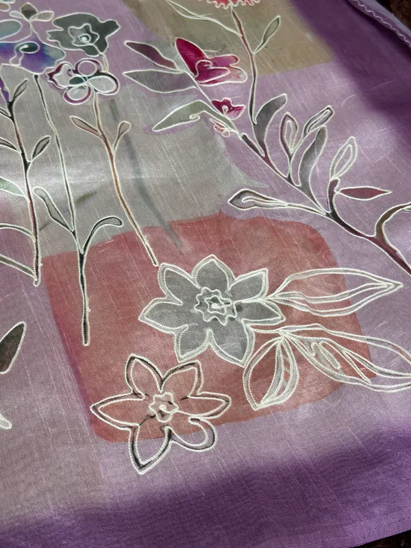 Light_Purole_linen_cotton_katha_work_Saree_With_Unstitched_Blouse_For_Women