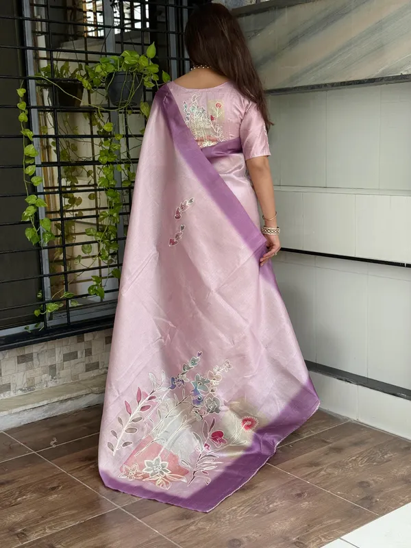 Light_Purole_linen_cotton_katha_work_Saree_With_Unstitched_Blouse_For_Women