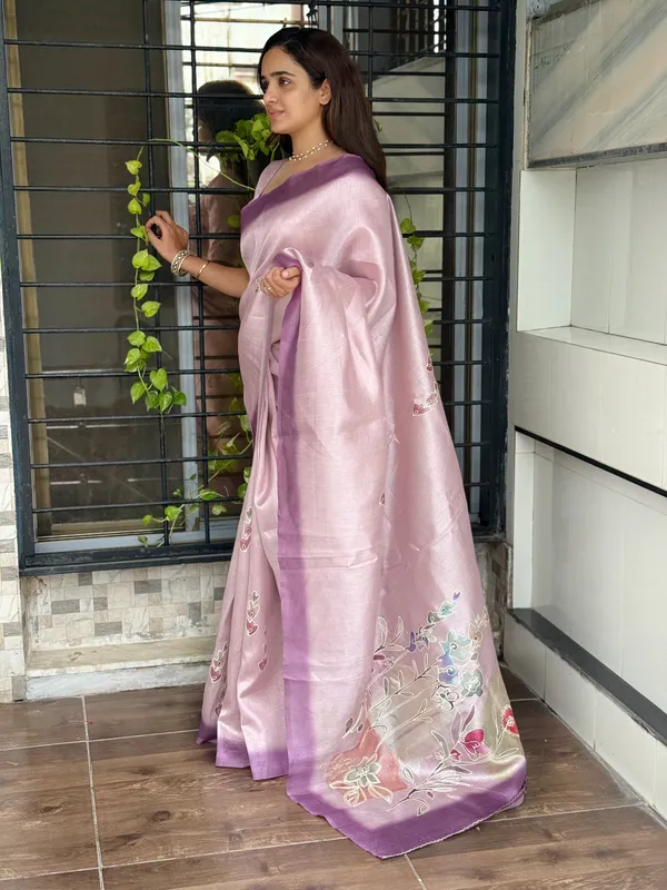 Light_Purole_linen_cotton_katha_work_Saree_With_Unstitched_Blouse_For_Women