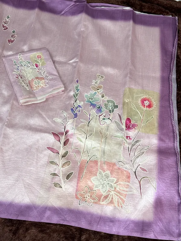 Light_Purole_linen_cotton_katha_work_Saree_With_Unstitched_Blouse_For_Women