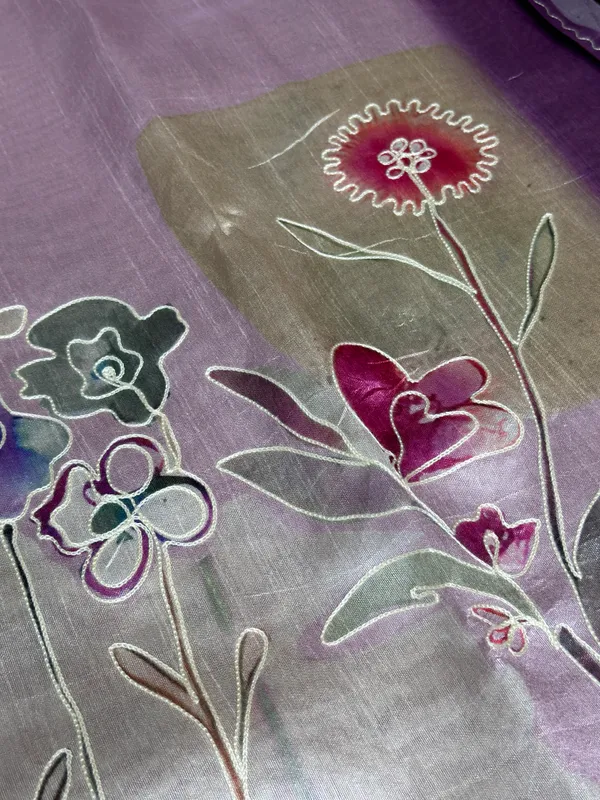 Light_Purole_linen_cotton_katha_work_Saree_With_Unstitched_Blouse_For_Women