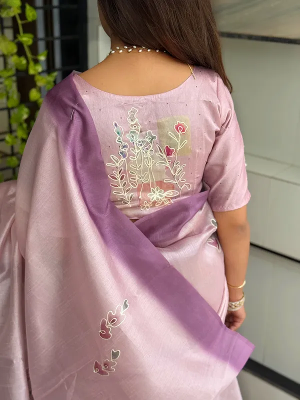 Light_Purole_linen_cotton_katha_work_Saree_With_Unstitched_Blouse_For_Women