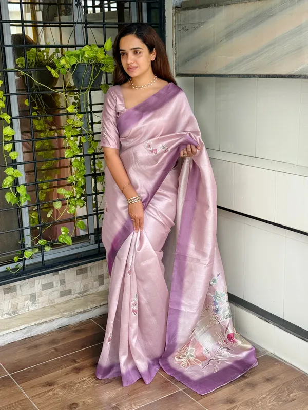 Light_Purole_linen_cotton_katha_work_Saree_With_Unstitched_Blouse_For_Women