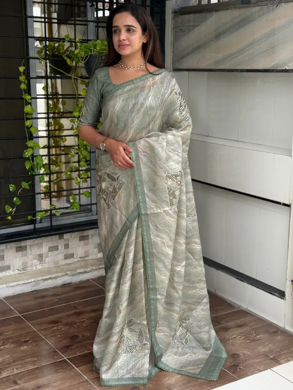 Light_green_Pure_tusser_linen_Digital_Print_Saree_With_Unstitched_Blouse_For_Women