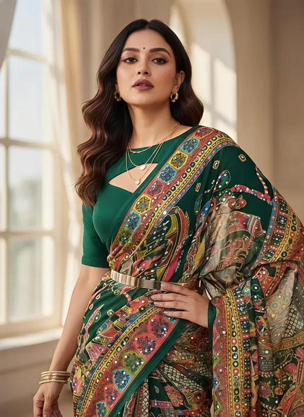 Green_masakali_georgette_saree_Premium_Digital_Print_&_Mirror_Work_For_Women