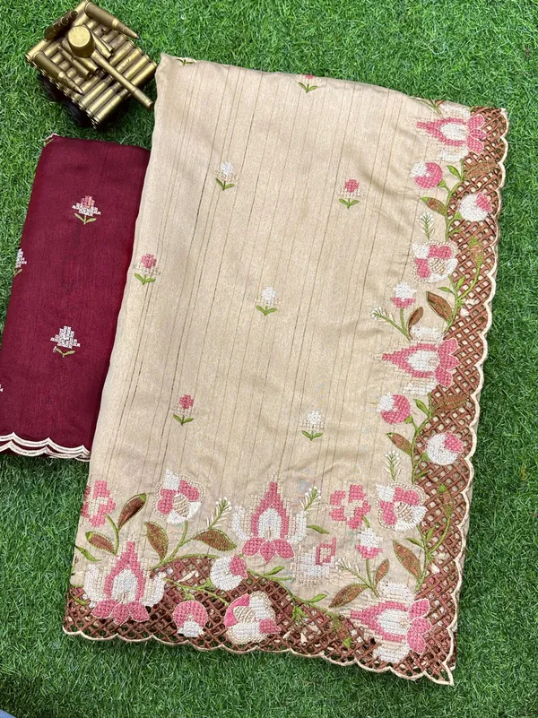 Cream_Visca_Slub_Silk_Embroidered_Work_Saree_With_Unstitched_Blouse_For_Women