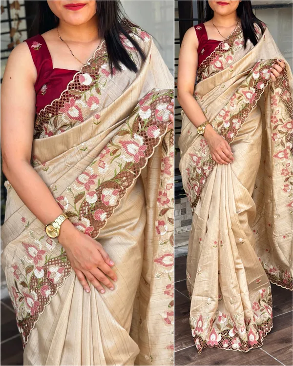 Cream_Visca_Slub_Silk_Embroidered_Work_Saree_With_Unstitched_Blouse_For_Women