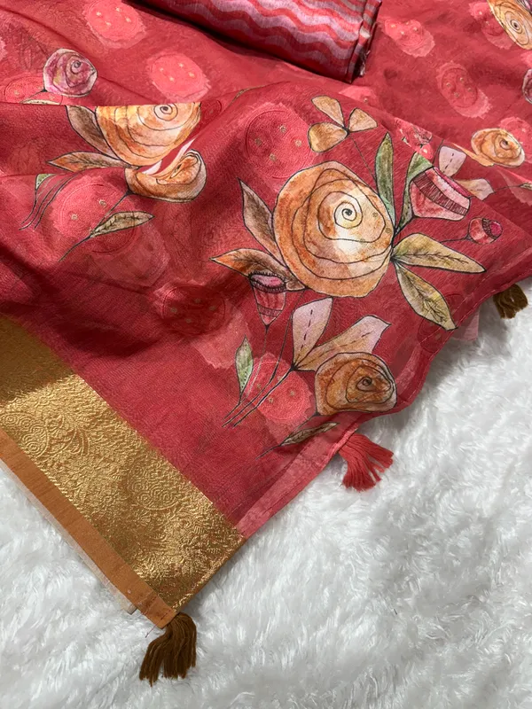 Red_Pure_cotton_jacquard_Digital_Print_Saree_With_Unstitched_Blouse_For_Women