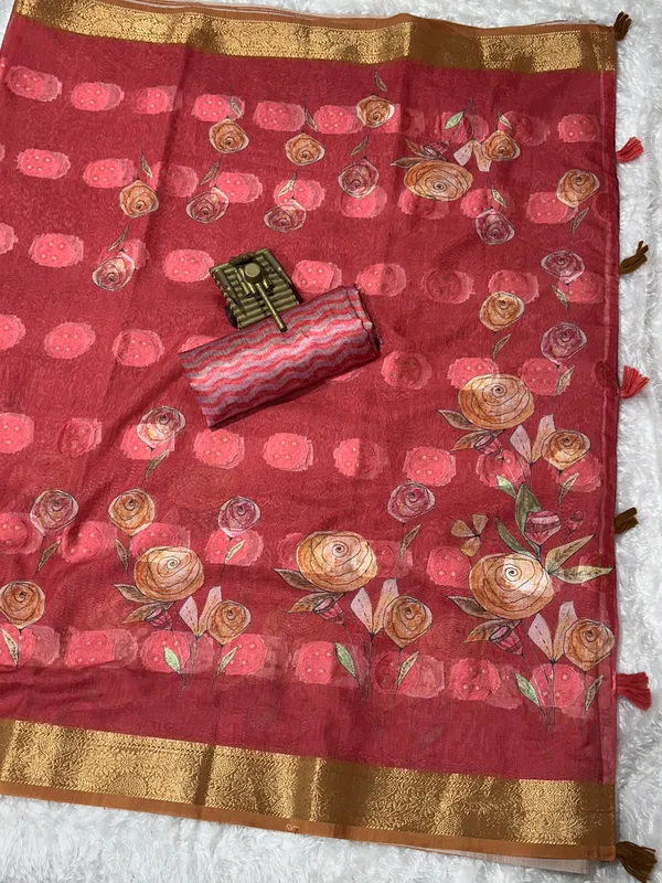 Red_Pure_cotton_jacquard_Digital_Print_Saree_With_Unstitched_Blouse_For_Women