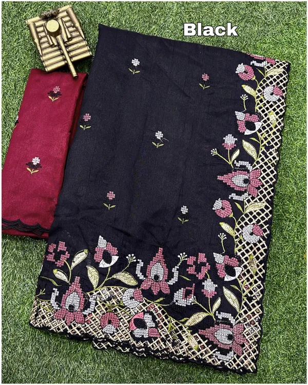Black_Visca_Slub_Silk_Embroidered_Work_Saree_With_Unstitched_Blouse_For_Women