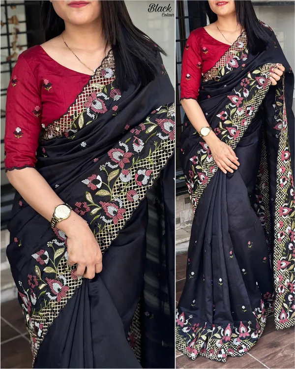 Black_Visca_Slub_Silk_Embroidered_Work_Saree_With_Unstitched_Blouse_For_Women