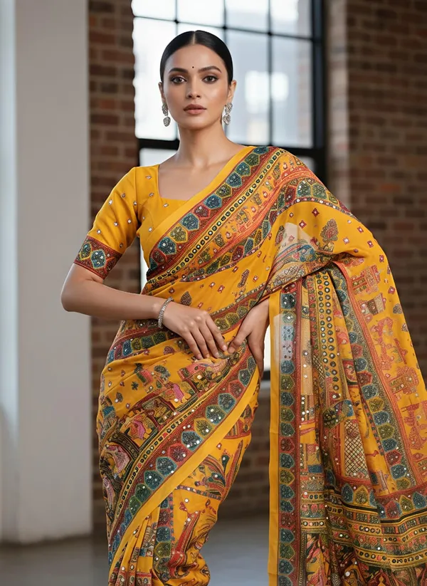Yellow_masakali_georgette_saree_Premium_Digital_Print_&_Mirror_Work_For_Women