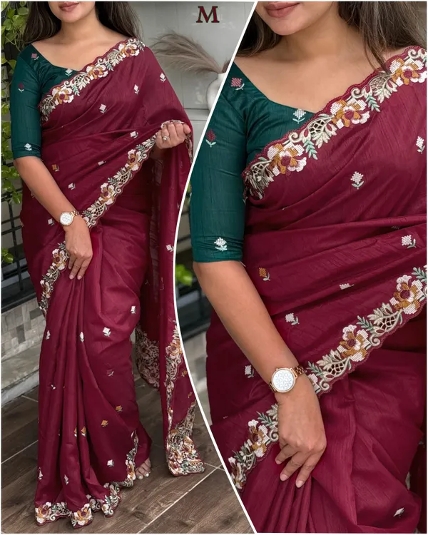Maroon_Visca_Slub_Silk_Premium_Embroidered_Work_Saree_For_Women