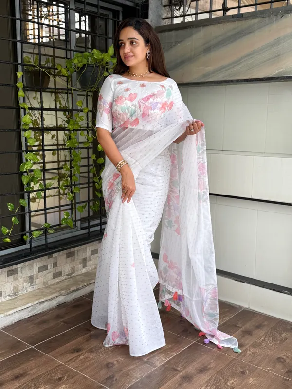 White_Pink_Armani_cotton_Zari_jacquard_Saree_With_Unstitched_Blouse_For_Women