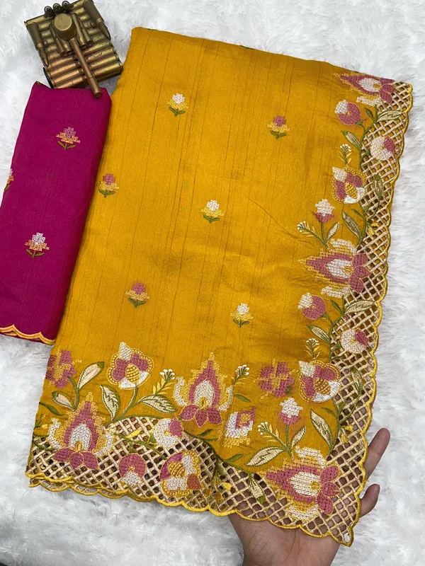 Yellow_Visca_Slub_Silk_Premium_Embroidered_Work_Saree_For_Women