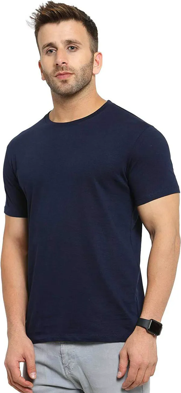 BEING_WANTED_Solid_Men_Round_Neck_Dark_Blue_T-Shirt