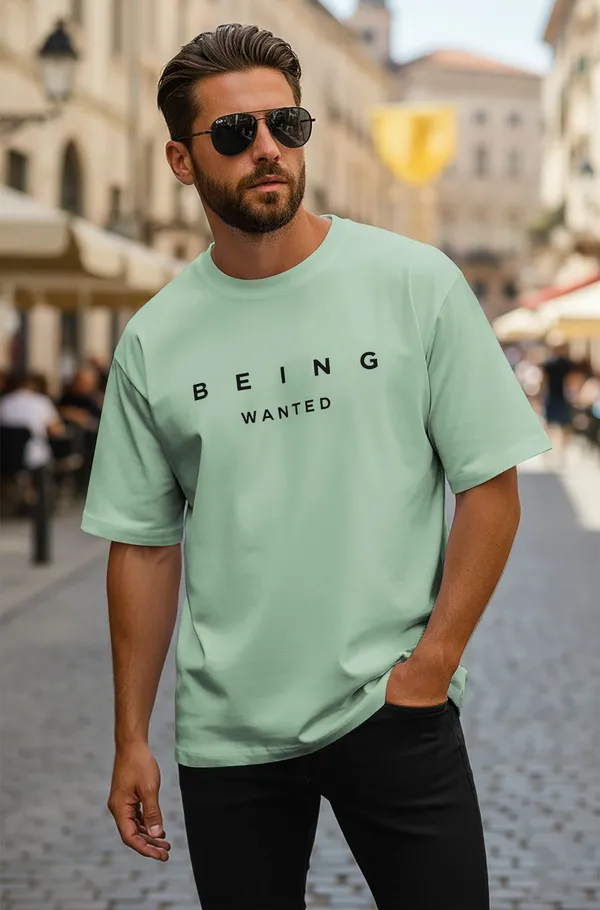 BEING_WANTED_Typography_Men_Round_Neck_Light_Green_T-Shirt