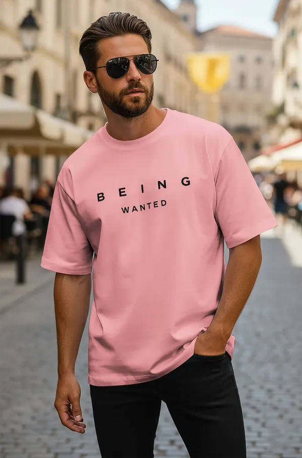 BEING_WANTED_Typography_Men_Round_Neck_Pink_T-Shirt