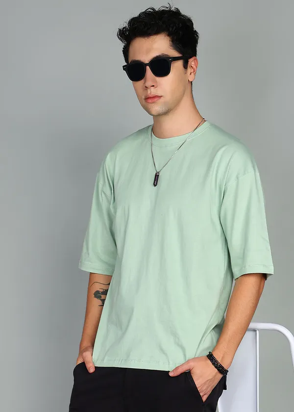 BEING_WANTED_Solid_Men_Round_Neck_Light_Green_T-Shirt