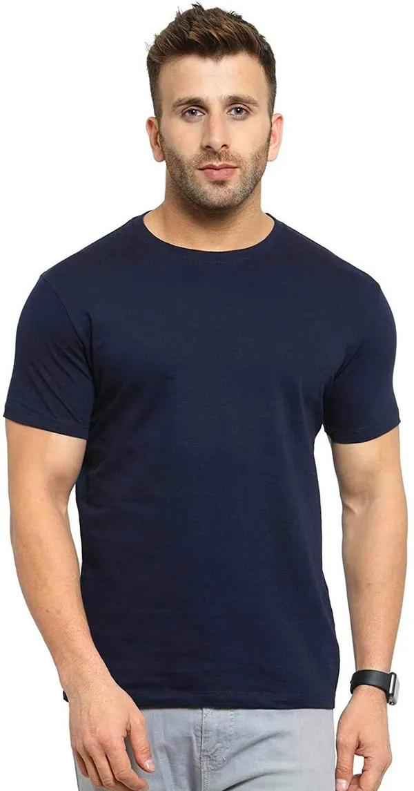 BEING_WANTED_Solid_Men_Round_Neck_Dark_Blue_T-Shirt