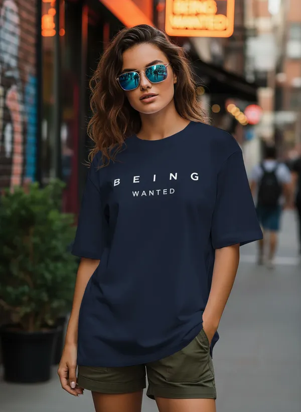BEING_WANTED_Typography_Women_Round_Neck_Navy_Blue_T-Shirt