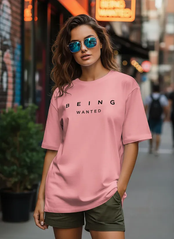 BEING_WANTED_Typography_Women_Round_Neck_Pink_T-Shirt