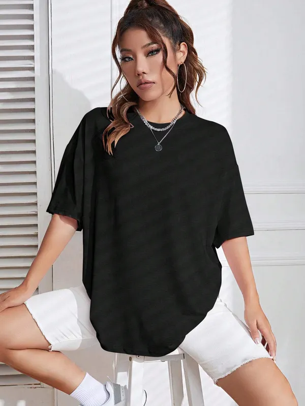 BEING_WANTED_Solid_Women_Round_Neck_Black_T-Shirt