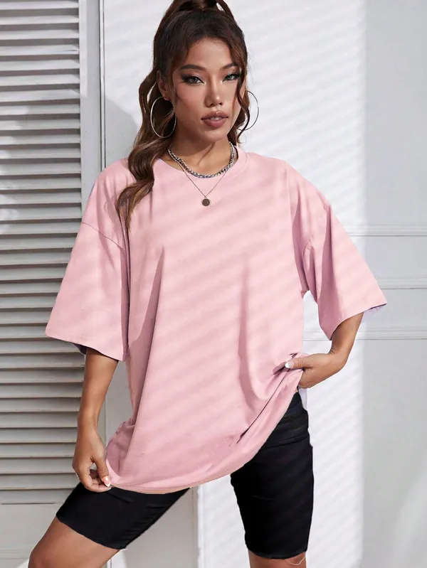 BEING_WANTED_Solid_Women_Round_Neck_Pink_T-Shirt
