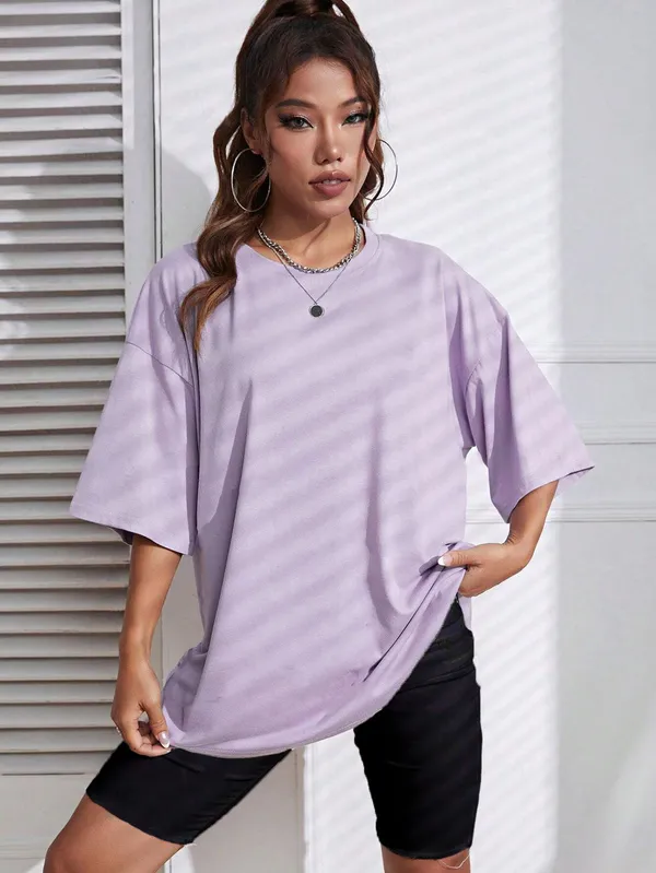 BEING_WANTED_Solid_Women_Round_Neck_Purple_T-Shirt