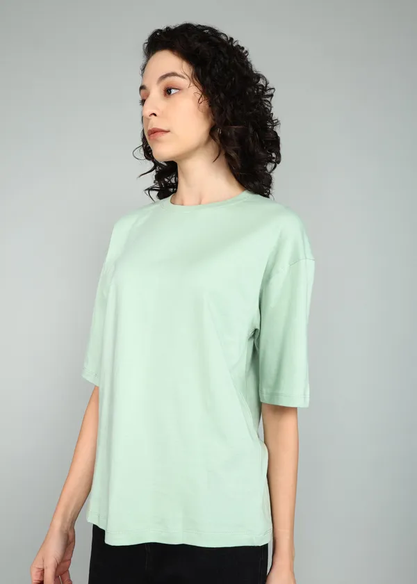 BEING_WANTED_Solid_Women_Round_Neck_Light_Green_T-Shirt