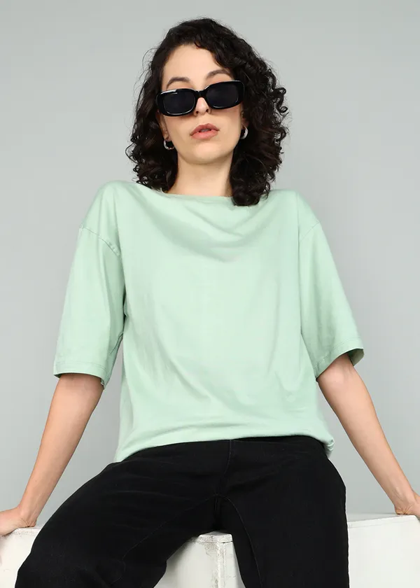 BEING_WANTED_Solid_Women_Round_Neck_Light_Green_T-Shirt