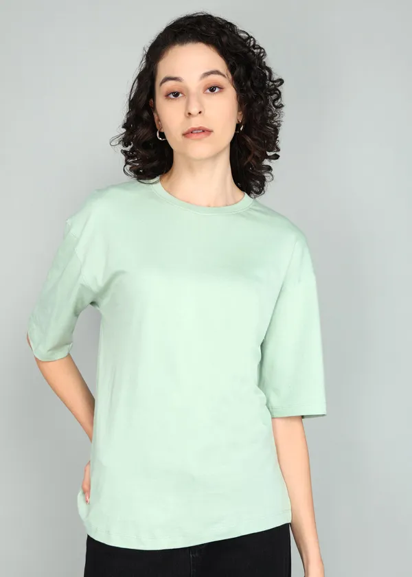 BEING_WANTED_Solid_Women_Round_Neck_Light_Green_T-Shirt