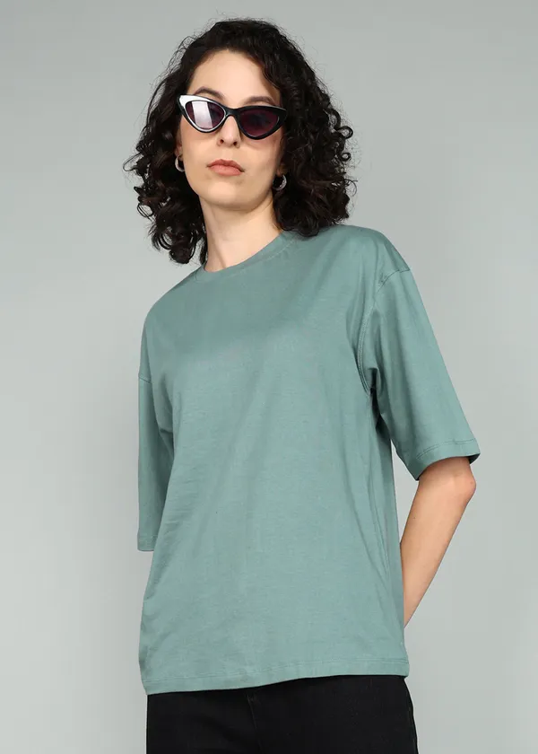 BEING_WANTED_Solid_Women_Round_Neck_Dark_Green_T-Shirt