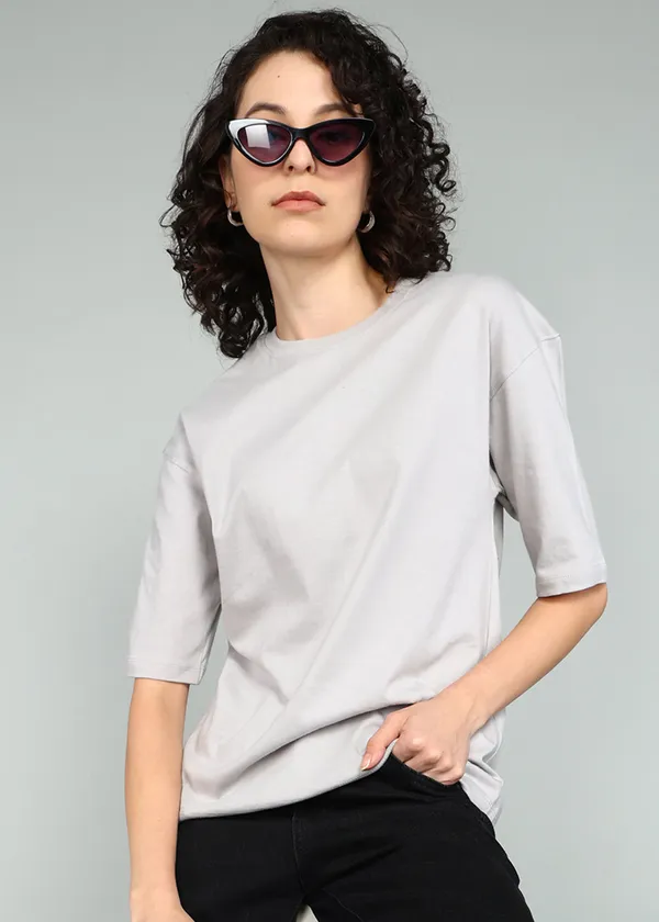 BEING_WANTED_Solid_Women_Round_Neck_Grey_T-Shirt