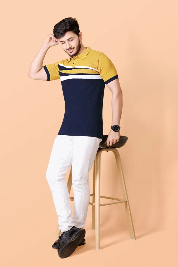 Mustard,_Navy_Blue_&_White_Cotton_Colorblock_Regular_Tshirt_For_Men