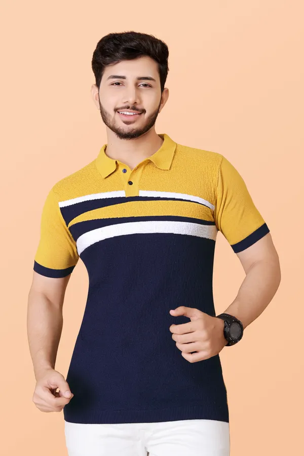 Mustard,_Navy_Blue_&_White_Cotton_Colorblock_Regular_Tshirt_For_Men