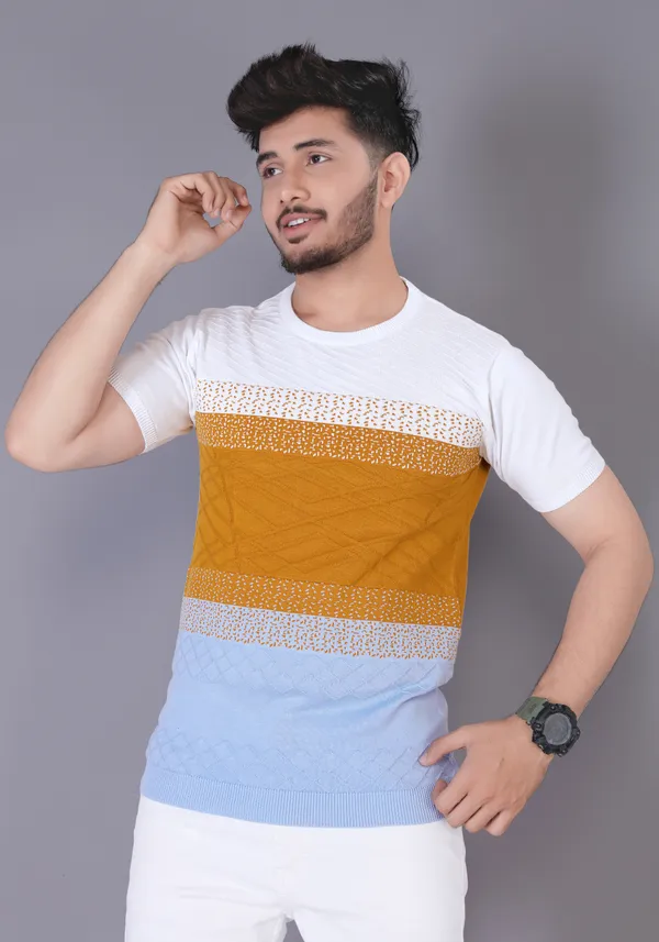 Mustard,_White_&_Light_Blue_Cotton_Colorblock_Regular_Tshirt_For_Men
