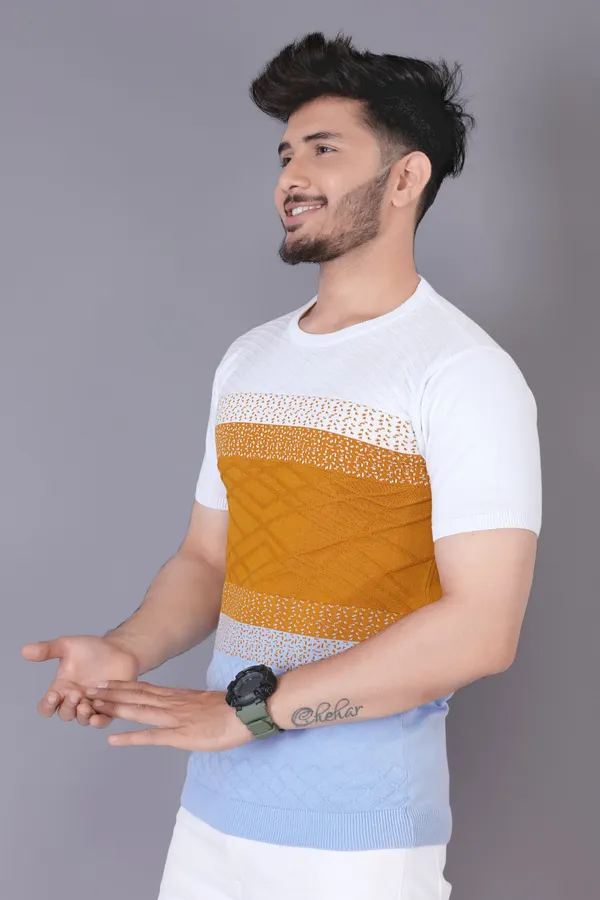 Mustard,_White_&_Light_Blue_Cotton_Colorblock_Regular_Tshirt_For_Men